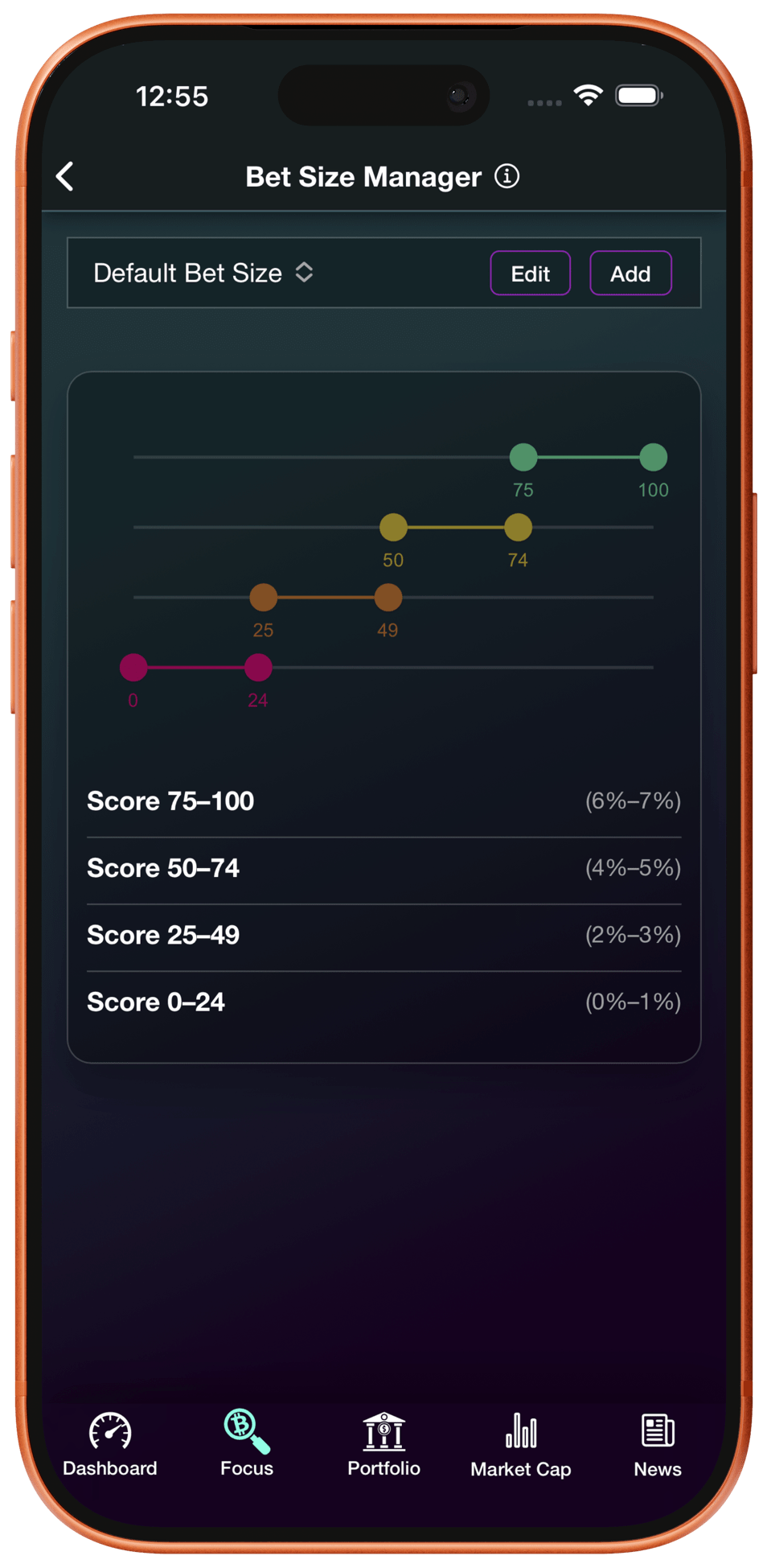 Fundamentally Bet Size Manager for crypto portfolio position sizing and allocation